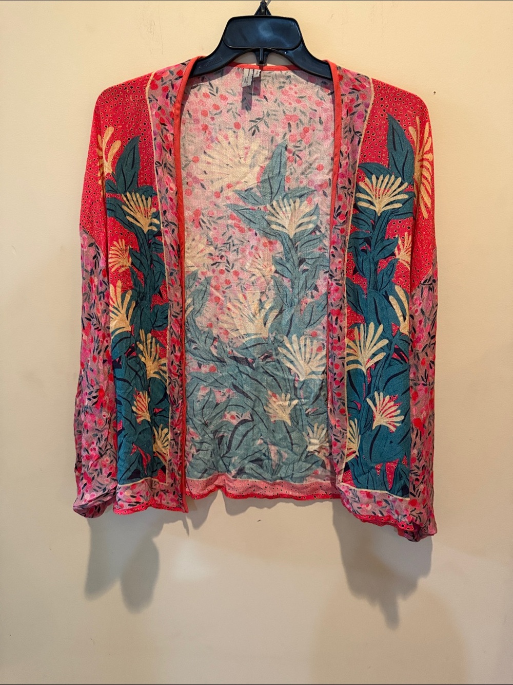 Floral Open-Front Tunic Cardigan in Red and Teal